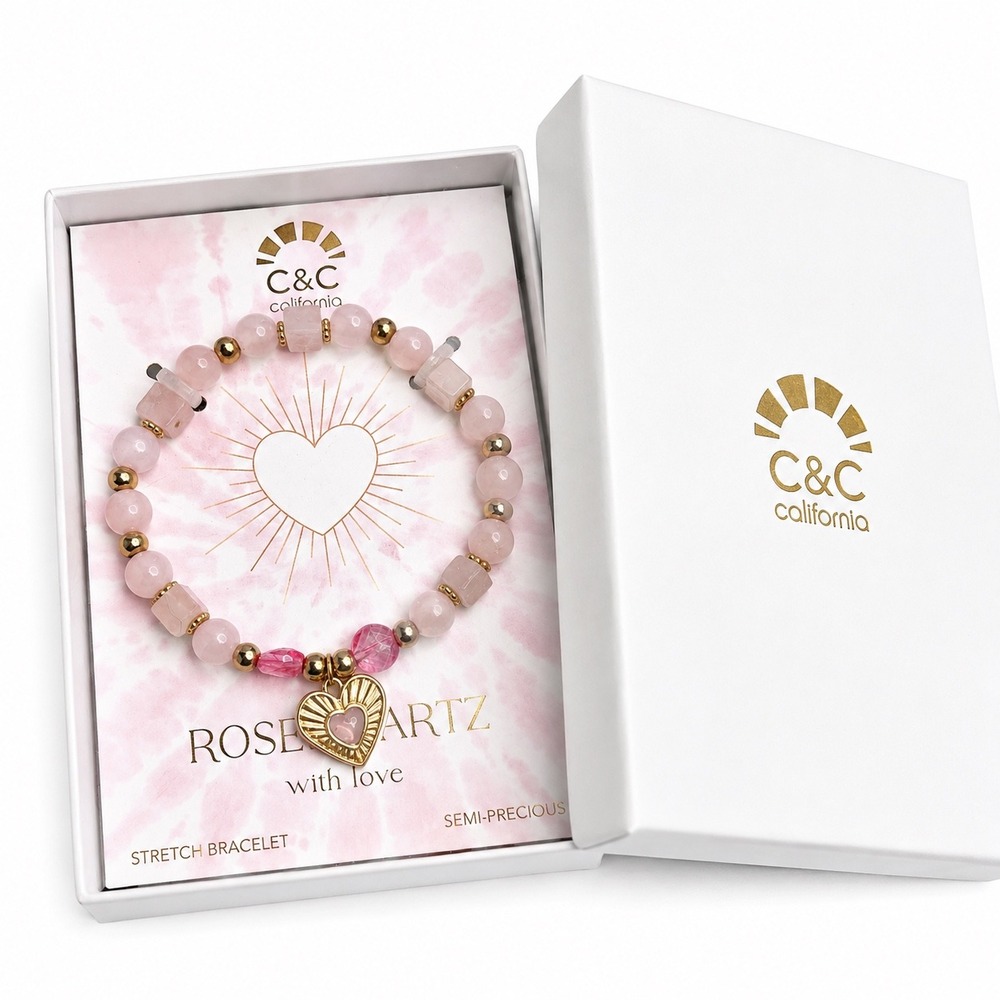 C&C California Rose Quartz Beaded Stretch Bracelet Heart Charm New in Box